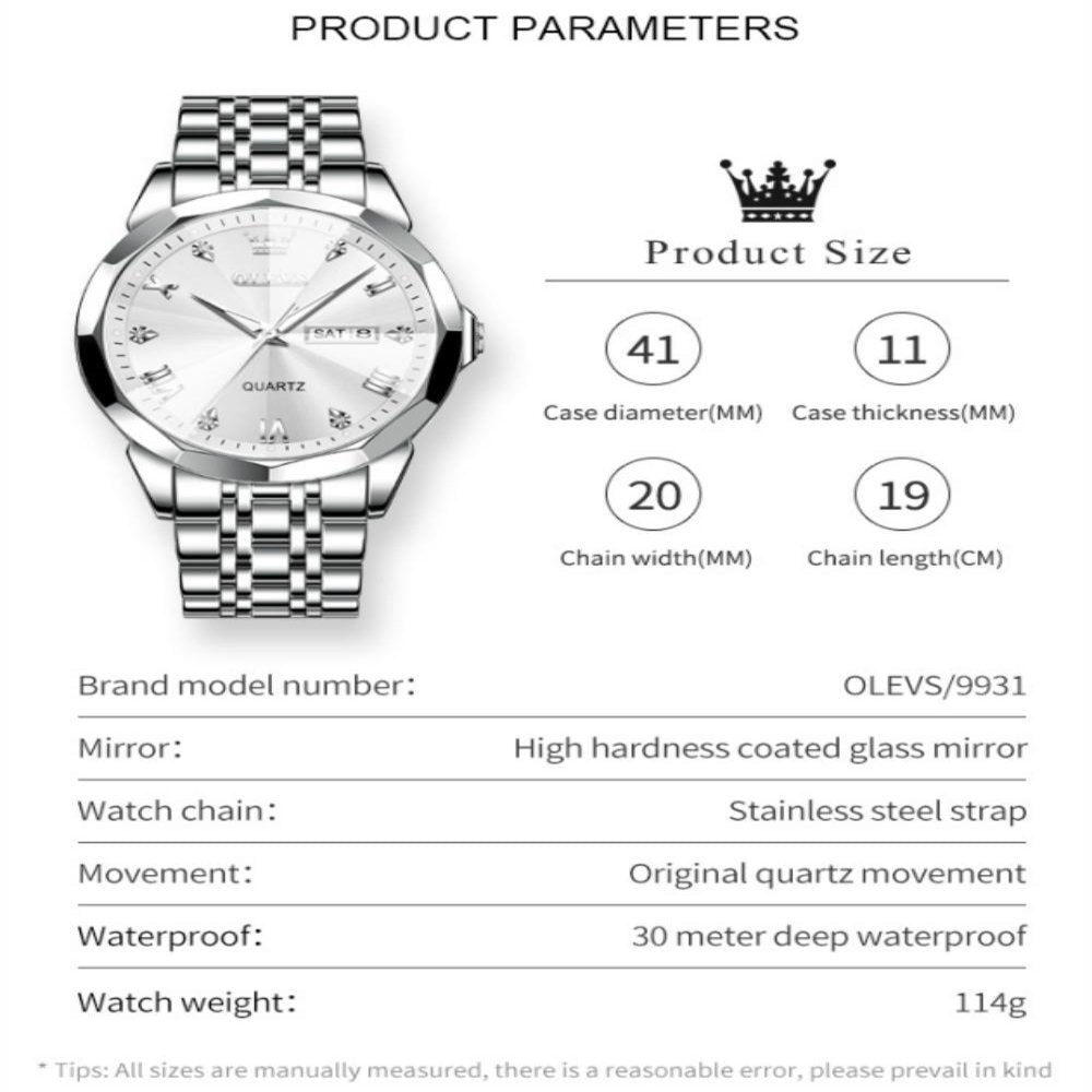 Silver Watch for Men Diamond Luxury Casual Stainless Steel Date Easy Reader Quartz Watch Waterproof Reloj Para Hombre , Gifts for Men, Adult Male Wristwatch