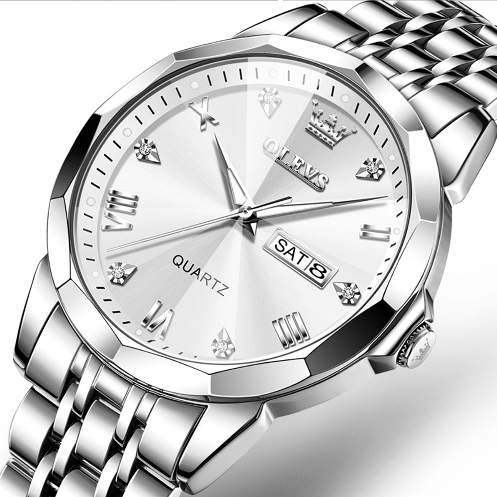 Silver Watch for Men Diamond Luxury Casual Stainless Steel Date Easy Reader Quartz Watch Waterproof Reloj Para Hombre , Gifts for Men, Adult Male Wristwatch