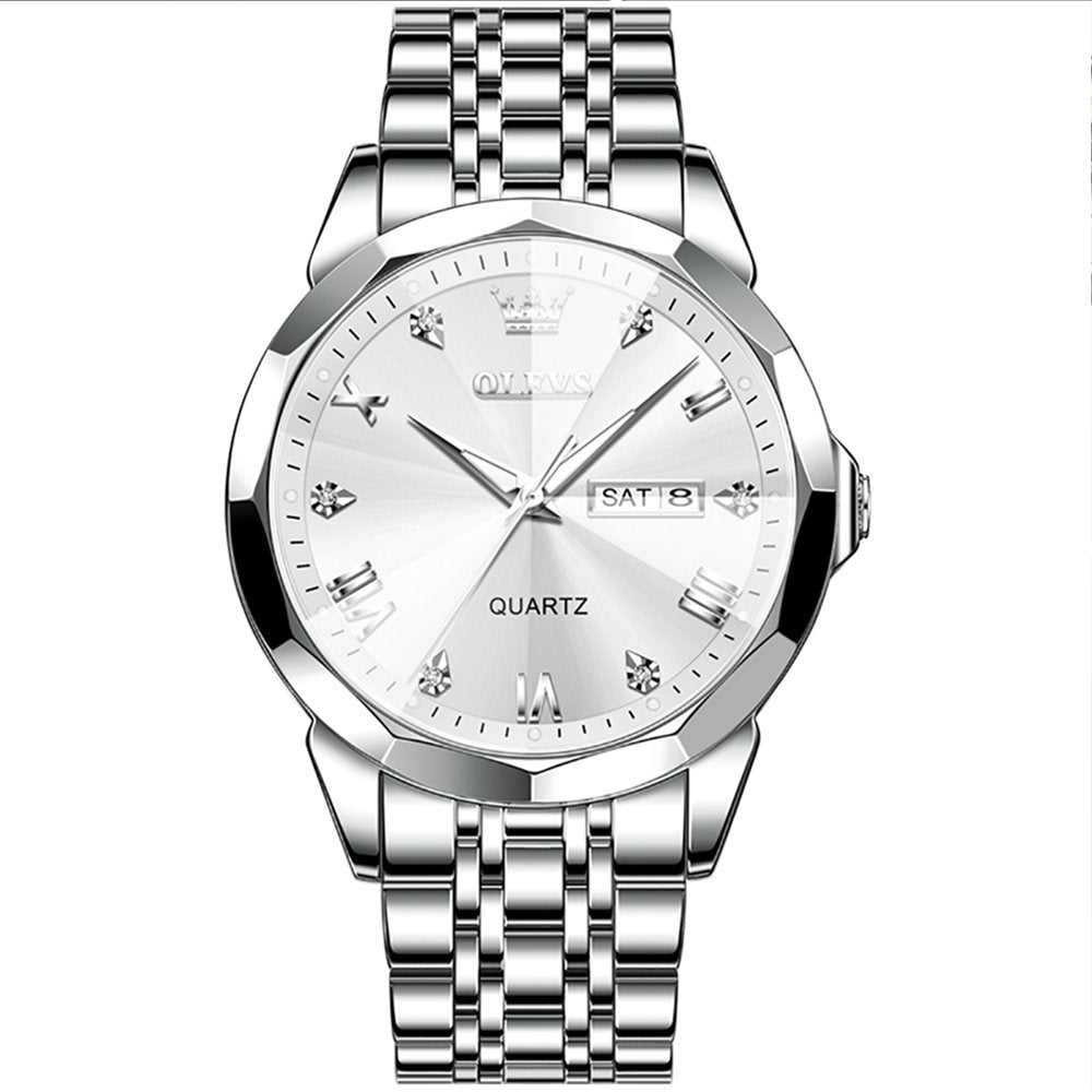 Silver Watch for Men Diamond Luxury Casual Stainless Steel Date Easy Reader Quartz Watch Waterproof Reloj Para Hombre , Gifts for Men, Adult Male Wristwatch