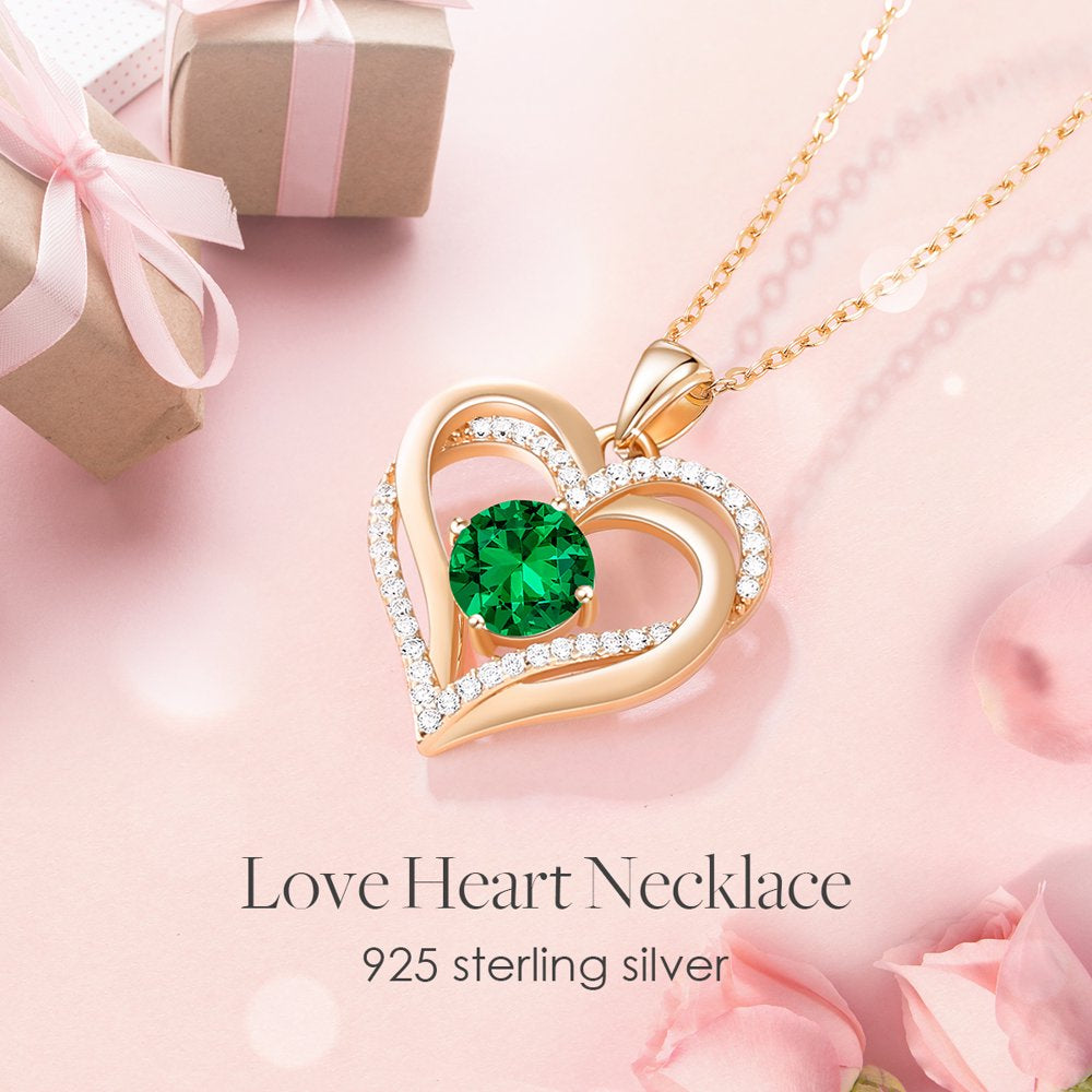 Love Heart Pendant Necklaces for Women 925 Sterling Silver with Birthstone Zirconia Rose Gold Diamond Anniversary Jewelry Best Gift Ideas for Women Fine Packing Gift Box