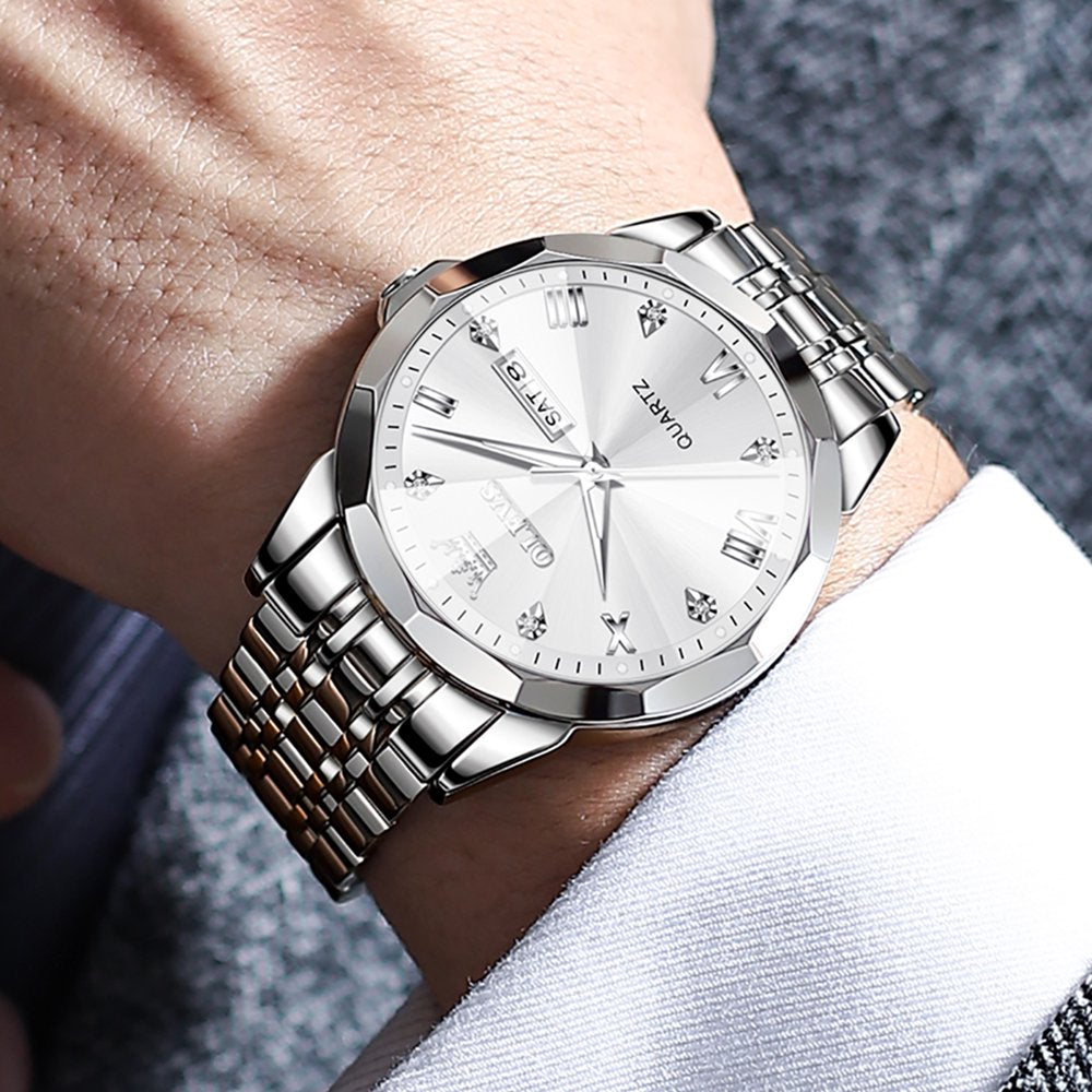 Silver Watch for Men Diamond Luxury Casual Stainless Steel Date Easy Reader Quartz Watch Waterproof Reloj Para Hombre , Gifts for Men, Adult Male Wristwatch