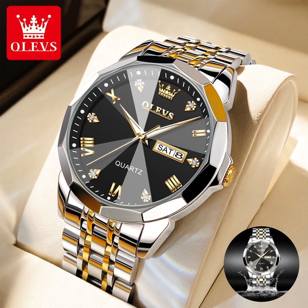 Watch for Men Diamond Luxury Casual Two Tone Stainless Steel Date Quartz Watch Waterproof Luminous, Gifts for Men, Adult Male Wristwatch