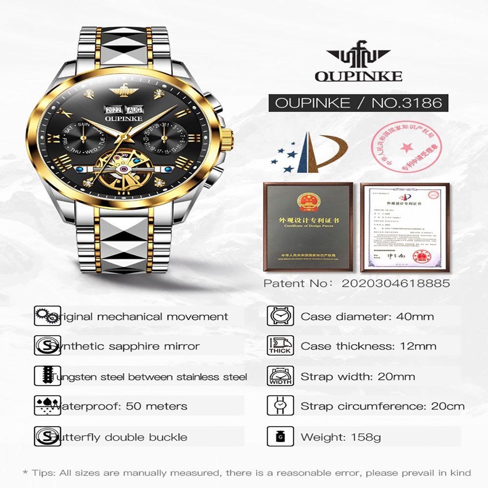 Automatic Watches for Men, Diamond Skeleton Self Winding Luxury Dress Mens Watch Sapphire Crystal Tungsten Steel Band Luminous Waterproof Reloj, Gifts for Men