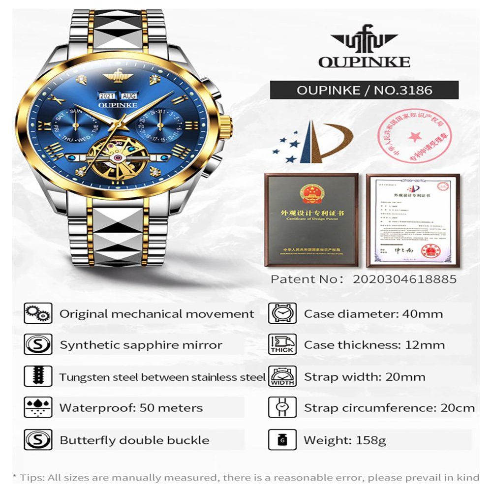 Automatic Watches for Men Self Winding Diamond Skeleton Luxury Dress Mens Watch Sapphire Crystal Tungsten Steel Band Luminous Waterproof Reloj Para Hombre, Gifts for Men