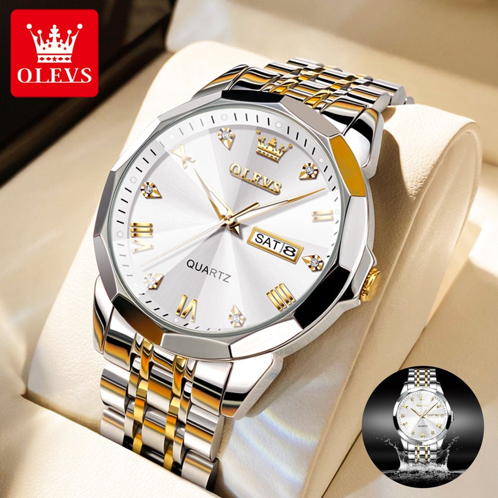 Diamond Watch for Men Luxury Business Quartz Stainless Steel Date Watch Luminous Waterproof Reloj Para Hombre, Gifts for Men, Adult Male Wristwatch