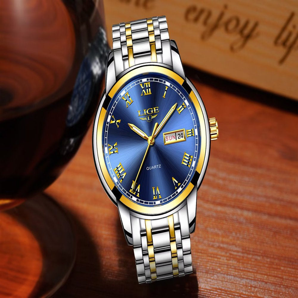 Quality Mens Watches Luxury Quartz Analog Watch Business Date Wristwatches for Women Men Silver-Gold