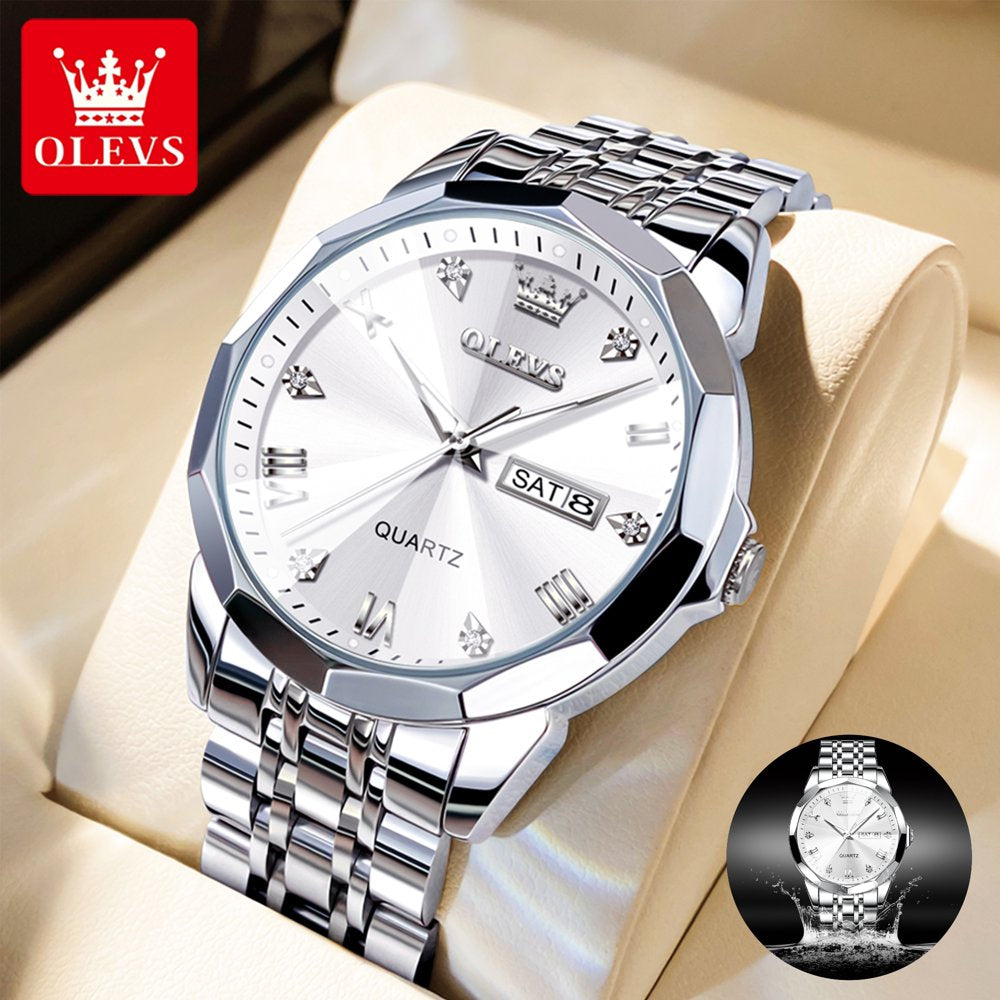 Silver Watch for Men Diamond Luxury Casual Stainless Steel Date Easy Reader Quartz Watch Waterproof Reloj Para Hombre , Gifts for Men, Adult Male Wristwatch