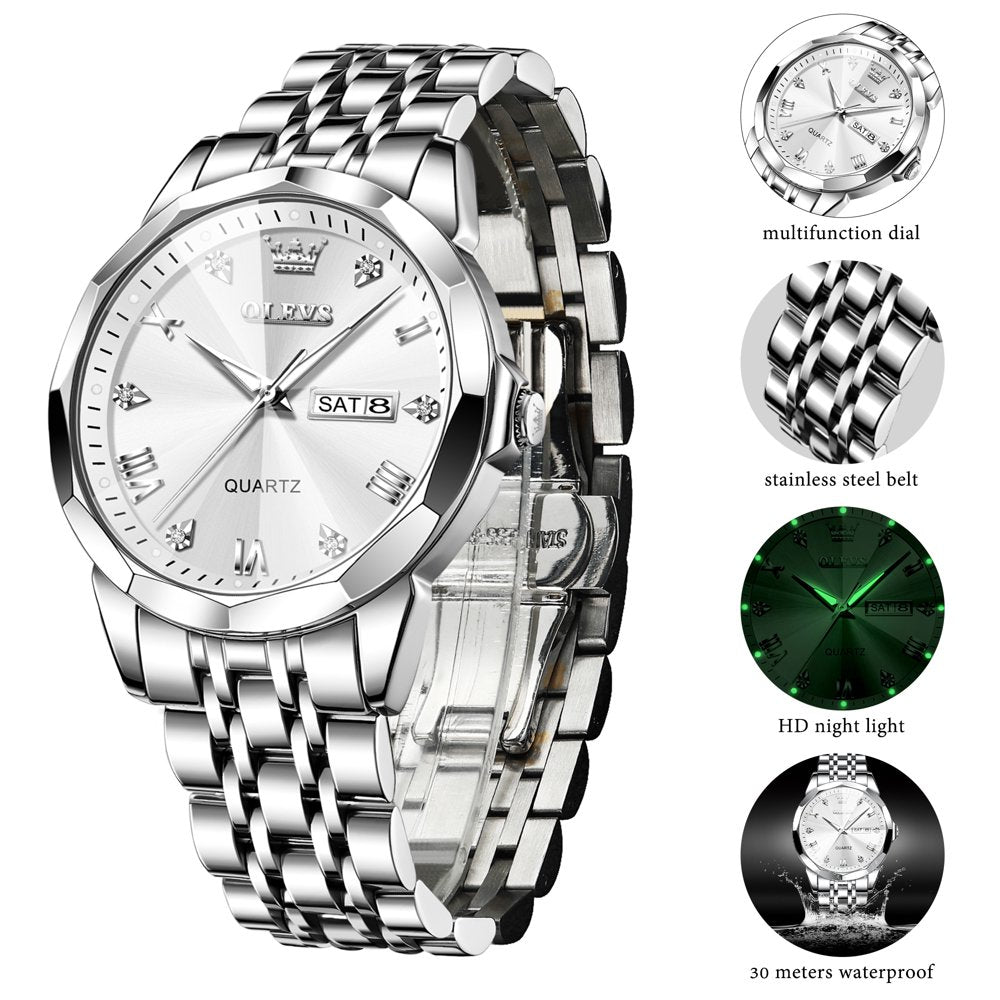 Silver Watch for Men Diamond Luxury Casual Stainless Steel Date Easy Reader Quartz Watch Waterproof Reloj Para Hombre , Gifts for Men, Adult Male Wristwatch