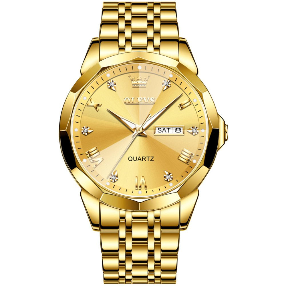 Gold Watch for Men Diamond Luxury Casual Dress Stainless Steel Date Quartz Watch Waterproof Luminous, Gifts for Men, Adult Male Wristwatch