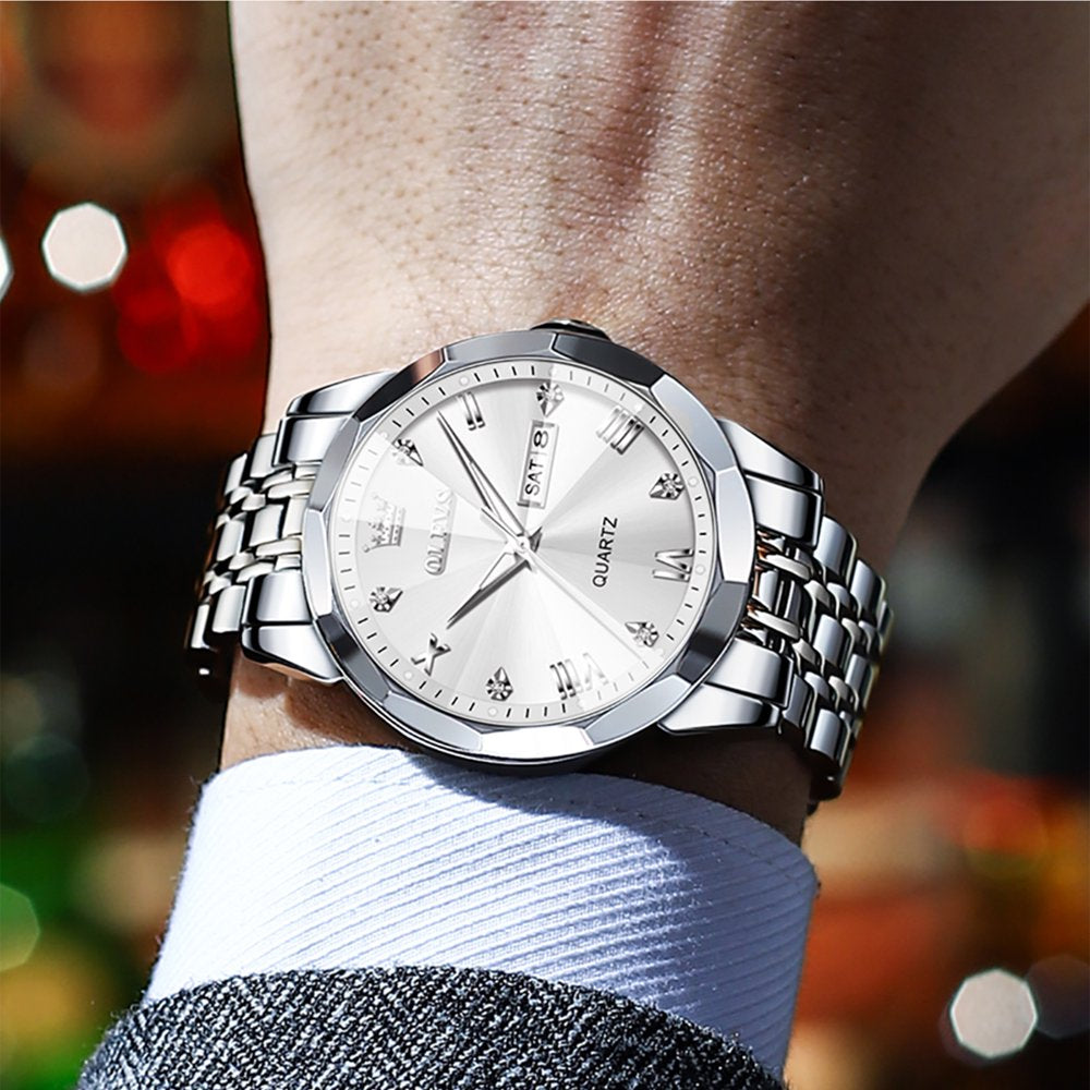 Silver Watch for Men Diamond Luxury Casual Stainless Steel Date Easy Reader Quartz Watch Waterproof Reloj Para Hombre , Gifts for Men, Adult Male Wristwatch