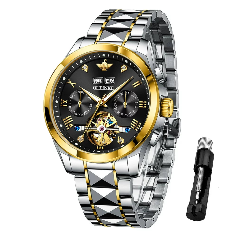 Automatic Watches for Men, Diamond Skeleton Self Winding Luxury Dress Mens Watch Sapphire Crystal Tungsten Steel Band Luminous Waterproof Reloj, Gifts for Men